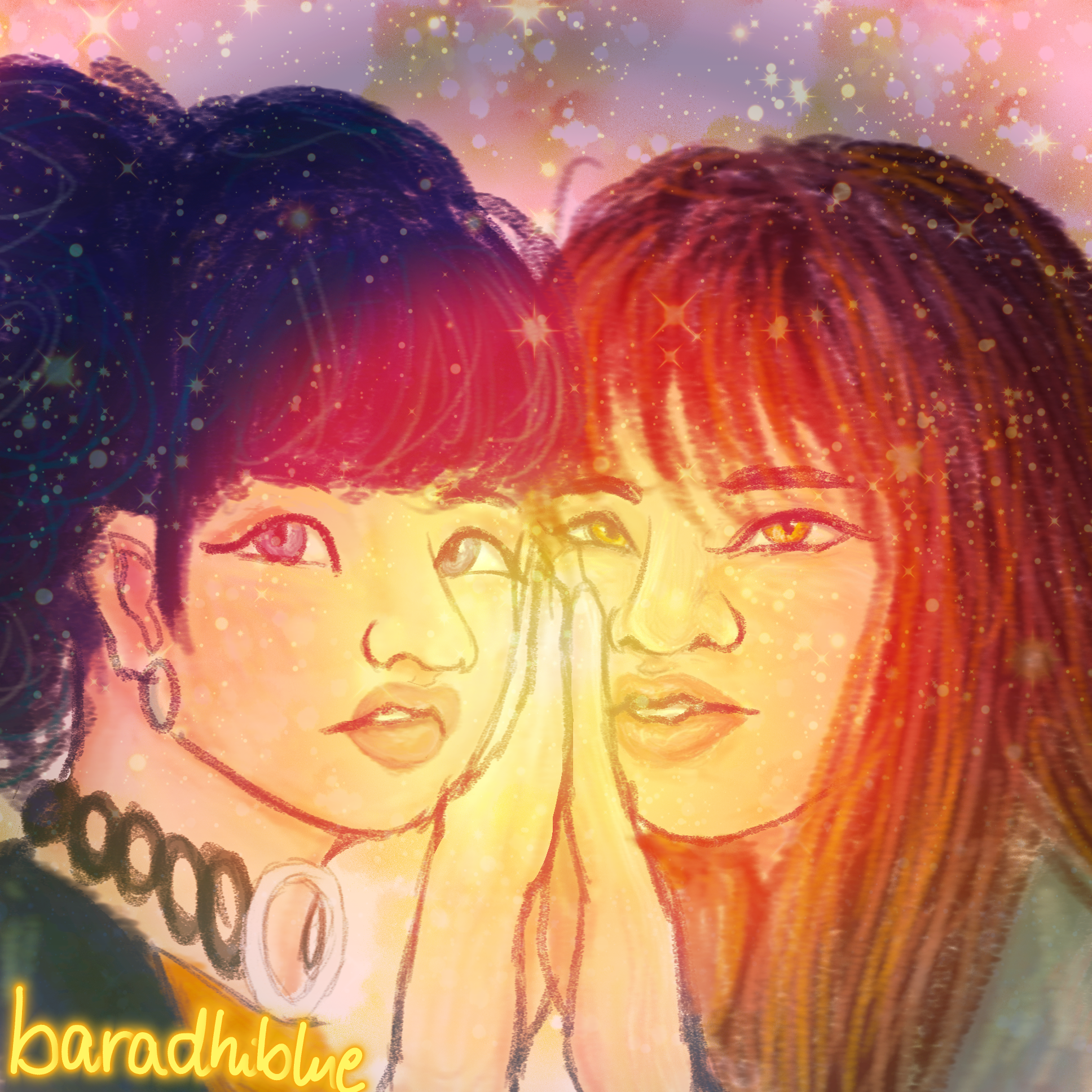 Saki and Asahi press their hands together in Ultrawoman Grigio's inner light